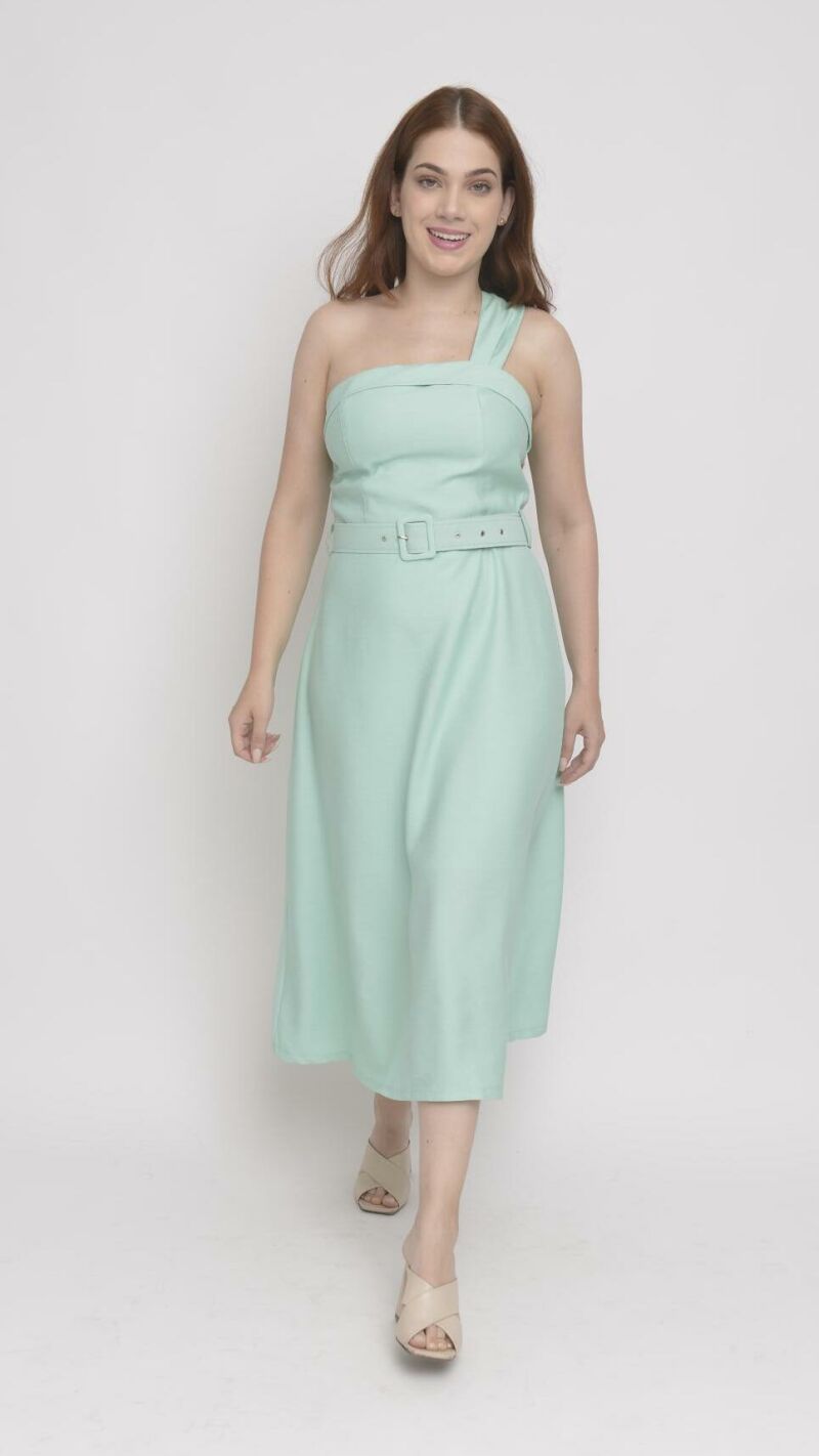 Imagem de Vestido Midi de Alfaiataria Verde com Alça Assimétrica e Corpete Estilo Princesa - Estilo Moderno e Glamouroso